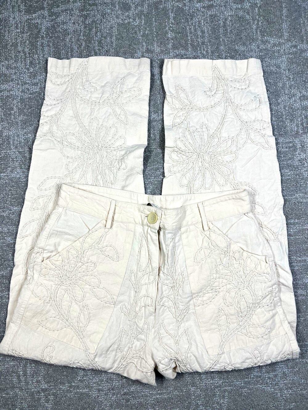 Zara Womens Sz S Beige Floral Embroidered Pleated Front Straight Leg Pants